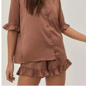 Nasty Gal Recycled Satin Ruffle Pajama Short Set - Brown Size 8 Womens